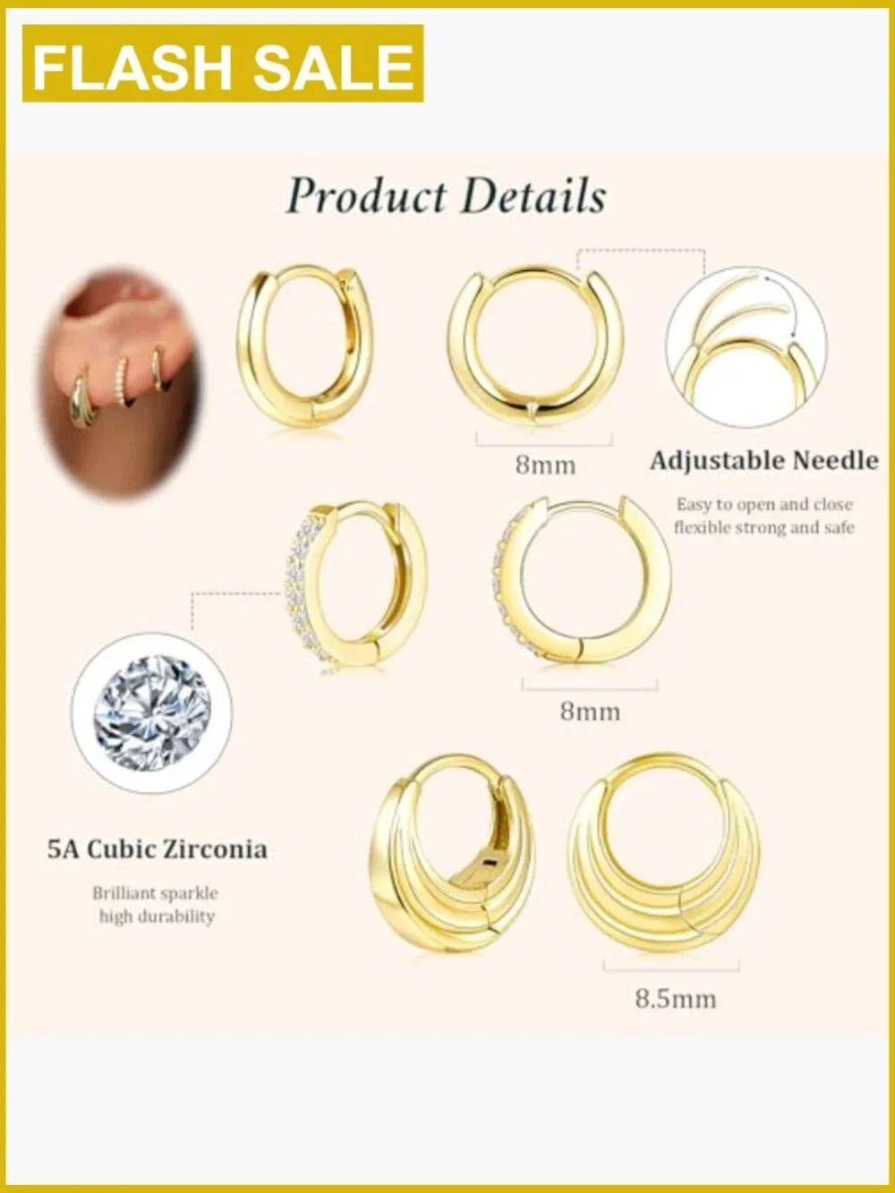 Sterling Silver Huggie Hoop Earrings Set, Hypoallergenic 14K Gold Plated